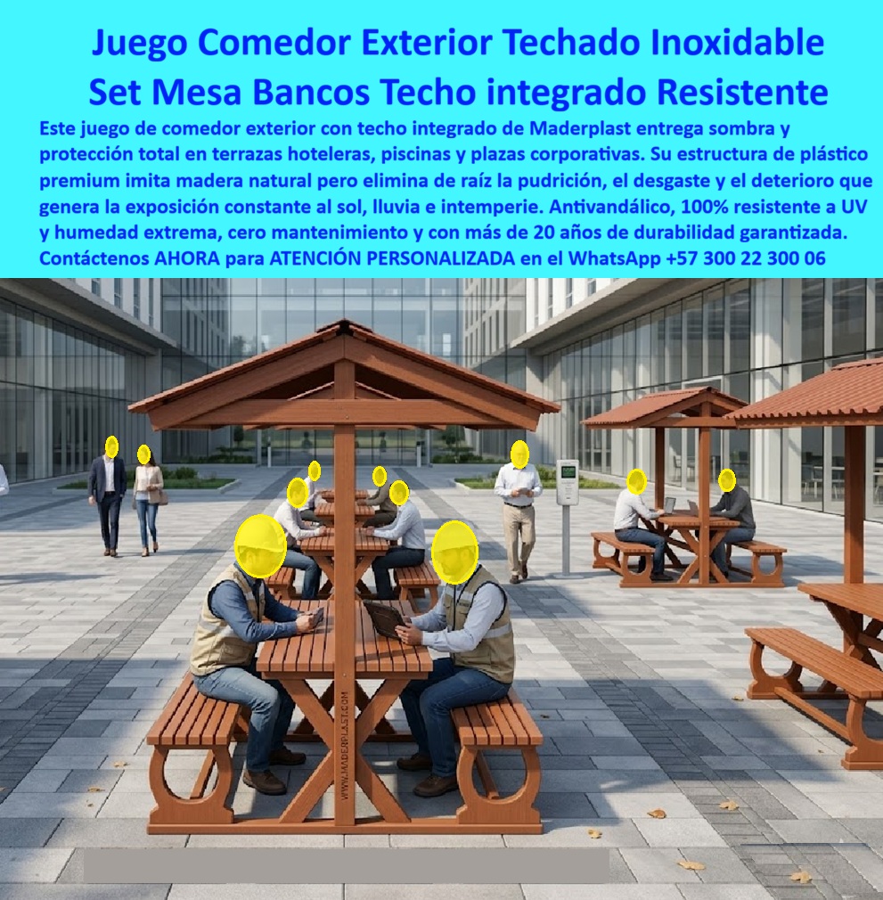 Juegos Comedor Exterior Piscina Mobiliario Terrazas Hoteleras Maderplast Mobiliario Exterior Hotel Resistente Sol Lluvia Elegante Sofás para terrazas evitan la pudrición resistiendo intemperie fuertes Mobiliario Hotelero Exterior Resistente Juegos Comedor Exterior Piscina Mobiliario Terrazas Hoteleras Maderplast constituyen la solución técnica definitiva para la habilitación de zonas sociales y áreas de alimentación al aire libre en infraestructuras de alta exigencia. La evidencia visual y técnica confirma la superioridad de este juego-comedor-techado-resistente-terrazas-hoteleras, el cual integra un conjunto de mesa y bancos fijos con estructura de techo a dos aguas en color siena, diseñado específicamente para brindar sombra y protección total contra la lluvia en plazas corporativas y resorts. Para el profesional del urbanismo y la dirección de infraestructura, la realidad financiera es ineludible: lo barato sale carísimo. La inversión inicial en materiales tradicionales resulta ruinosa a corto plazo ante los costos ocultos de mantenimiento, lijado continuo y barnizado. Por ello, al decidir comprar juegos comedor exterior hotelería, la ingeniería polimérica de Maderplast se erige como la única alternativa financieramente viable, garantizando una mesa-bancos-inoxidables-mantenimiento-cero-urbanismo que erradica por completo la corrosión galvánica y el desmoronamiento de fibras causado por la humedad permanente.  Como fabricante mobiliario terrazas resistentes solo, Maderplast entrega mesas picnic techadas larga duración que superan contundentemente cualquier comparativo mobiliario polímero vs madera. Nuestras estaciones de descanso para edificios y sofás para terrazas evitan pudrición gracias a su composición termoestable de alta densidad, la cual es impermeable e inmune al ataque de insectos xilófagos. Todo pliego técnico mobiliario plazas corporativas debe exigir el mejor material para mesas de piscina, y nuestra tecnología responde con una huella de carbono inferior a 0.77, consolidando un mobiliario hotelero exterior resistente a la lluvia que cumple estrictamente con los estándares de construcción sostenible. Al cotizar set mesa bancos techo, el desarrollador adquiere una infraestructura con mobiliario urbano antivandálico con sombra, el cual desincentiva el hurto al carecer de valor de reciclaje como chatarra, protegiendo así la inversión institucional por más de dos décadas.  El diseño de comedores exteriores inoxidables permite una integración arquitectónica impecable, ofreciendo una alternativa a madera para exterior que no demanda intervenciones químicas ni mantenimientos correctivos. Con un precio juego comedor techado premium que se amortiza rápidamente al eliminar los gastos operativos, las especificaciones técnicas mobiliario picnic hotel de Maderplast aseguran superficies ergonómicas que no se astillan, garantizando la seguridad total y la higiene de los usuarios en entornos de tráfico masivo.  DIRECTOR DE INFRAESTRUCTURA, CENTRO CORPORATIVO EMPRESARIAL — 2026  "El complejo enfrentaba el deterioro acelerado de sus zonas de alimentación externas; el mobiliario de madera tradicional se astillan y pudría cada 18 meses debido a la exposición directa a la lluvia y el sol tropical. Los costos operativos de lijado, barnizado y reposición constante de las mesas agotaban el presupuesto anual de mantenimiento, generando una imagen de descuido en las áreas comunes. implementamos los juegos comedor exterior piscina mobiliario terrazas hoteleras maderplast, instalando sets de mesa y bancos con teclado integrado inoxidables. Esta solución técnica elimina de raíz la pudrición y el desgaste físico, proporcionando sombra y protección permanente a los colaboradores sin requerir una sola gota de pintura o intervención química. El resultado ha sido una eficiencia operativa total y una estética impecable que se mantiene inalterable tras años de uso intensivo."  Esta solución técnica constituye la convergencia paramétrica definitiva que garantiza la compatibilidad estética y estructural absoluta en su proyecto, logrando la permanencia inalterable de la dotación allí donde otros materiales colapsan inevitablemente. Proporcionamos evidencia de rendimiento y pruebas presenciales documentadas en nuestro canal de YouTube: https://www.youtube.com/@maderplasSA. Esta innovación estructural de alta densidad es la zapatilla de la Cenicienta para su desarrollo arquitectónico, logrando el milagro de la durabilidad absoluta y el cero mantenimiento; el santo que realiza el milagro es el equipo de especialistas del Departamento de Ingeniería de Maderplast. Contact directly the Engineering Department for personalized advice. Eng. Technical Support: (+57) 300 22 300 06.