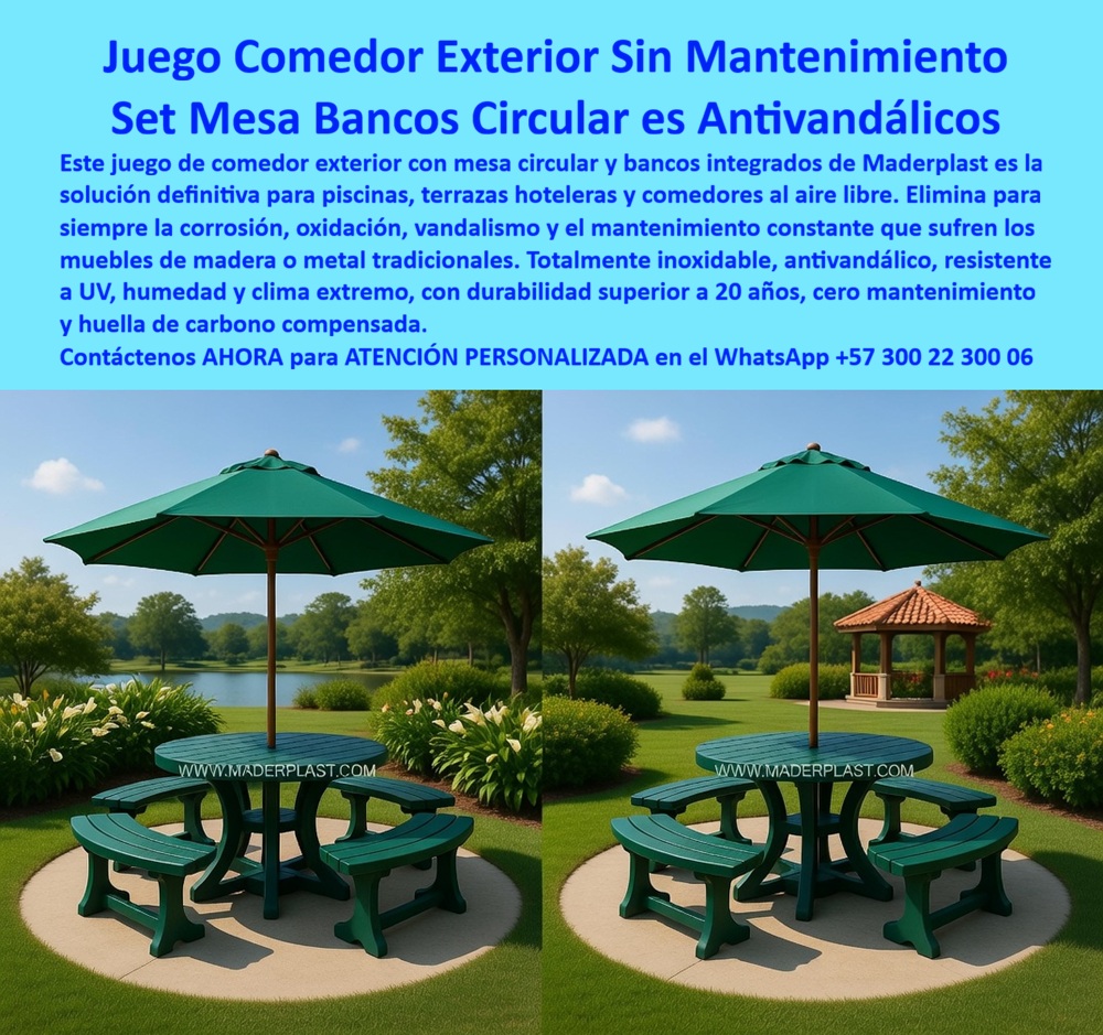 Juegos Comedor Exterior Piscina Mobiliario Terrazas Hoteleras Maderplast Muebles exteriores hotel evitan deterioro clima diseño elegante duradero Juegos de Mesas Bancos para Piscinas Resistentes Comedores exteriores cubiertos sin mantenimiento  Juego Comedor Exterior Circular Maderplast – Mesa y Bancos Redondos Antivandálicos para Terrazas Hoteleras y Piscinas En la imagen se aprecia un juego de comedor exterior circular Maderplast con mesa redonda y bancos curvos integrados en tono verde profundo, montado sobre base circular de concreto en jardín ajardinado con césped, árboles y lago al fondo bajo sombrilla verde de gran diámetro. Este mobiliario presenta superficie texturizada uniforme y estructura robusta con acabados finos que se funde armónicamente en terrazas hoteleras y áreas verdes, fabricado en polímeros de ingeniería que lo hacen totalmente inmune a corrosión por humedad, rayos UV y clima extremo sin decoloración ni pintura. El set Maderplast ofrece antivandalismo y durabilidad superior a 20 años con cero mantenimiento en entornos de alto tráfico. Quien ha gestionado terrazas de piscina, comedores al aire libre o áreas recreativas en resorts sabe perfectamente cuál es el verdadero dolor: las mesas y bancos de madera o metal tradicionales se deterioran rápidamente por el sol intenso, la lluvia, el cloro y el vandalismo ocasional. Esto obliga a reparaciones constantes, repintados y reposiciones que interrumpen la operación, generan riesgos de seguridad y elevan los costos operativos año tras año. Lo que parecía una opción económica termina convirtiéndose en una inversión muy cara por fallas críticas, gastos ocultos y la imposibilidad de justificar ante la gerencia o los inversionistas una decisión que, a la larga, resulta mucho más costosa y problemática. Una compra bien hecha recibe felicitaciones permanentes; una mal hecha no encuentra excusa que compense los gastos adicionales y los dolores de cabeza. Maderplast resuelve este problema de forma definitiva y segura. Fabricamos a medida el juego comedor exterior circular hotel, la mesa bancos redonda piscina y el mobiliario terraza hotelera sin mantenimiento con composites poliméricos de ingeniería que eliminan por completo la corrosión, la decoloración, el vandalismo y cualquier necesidad de mantenimiento. El resultado es un set con más de 20 años de vida útil, superficie antideslizante y perforada para secado rápido, color integral permanente y diseño higiénico, ideal para comedores exteriores, terrazas de piscina y áreas verdes mientras mantiene una estética elegante y funcionalidad impecable en entornos húmedos y soleados. Así lo confirman en testimonio de caso real la Gerencia de Operaciones de un parque acuático en un proyecto del 2024: el problema que enfrentamos era el rápido desgaste de mesas y bancos de comedor exterior por exposición constante a sol, cloro y humedad, generando costos recurrentes de pintura, reparación y reposición que afectan la imagen y el presupuesto operativo del parque. Después de implementar los juegos de comedor exterior circular Maderplast con mesa redonda y bancos integrados fabricados a medida e instalados en las áreas verdes y terrazas, el mobiliario ha operado de forma continua sin ningún mantenimiento correctivo ni pérdida de color después de meses de uso intensivo, manteniendo higiene impecable y reduciendo drásticamente el costo total de propiedad. Cuando un profesional busca la mejor alternativa duradera a los juegos de comedor tradicionales, la mesa circular, bancos integrados o el mobiliario exterior para terraza hotelera con las especificaciones técnicas correctas, Maderplast entrega la tranquilidad absoluta. Contamos con ficha técnica completa en PDF con medidas, planos de anclaje y especificaciones de carga, certificados de pruebas de laboratorio y videos reales disponibles en el canal de YouTube @maderplasSA. Los productos Maderplast son tan buenos que cualquier otra opción, incluso regalada, terminaría siendo carísima por sus fallas y mantenimientos constantes. Si su proyecto requiere un juego de comedor exterior circular que realmente entregue durabilidad extrema, seguridad y rentabilidad a largo plazo, contáctenos hoy. Nuestro equipo de ingenieros está listo para brindarle cotización personalizada, renders, prototipos y toda la asesoría técnica que necesite. WhatsApp directo: +57 300 22 300 06