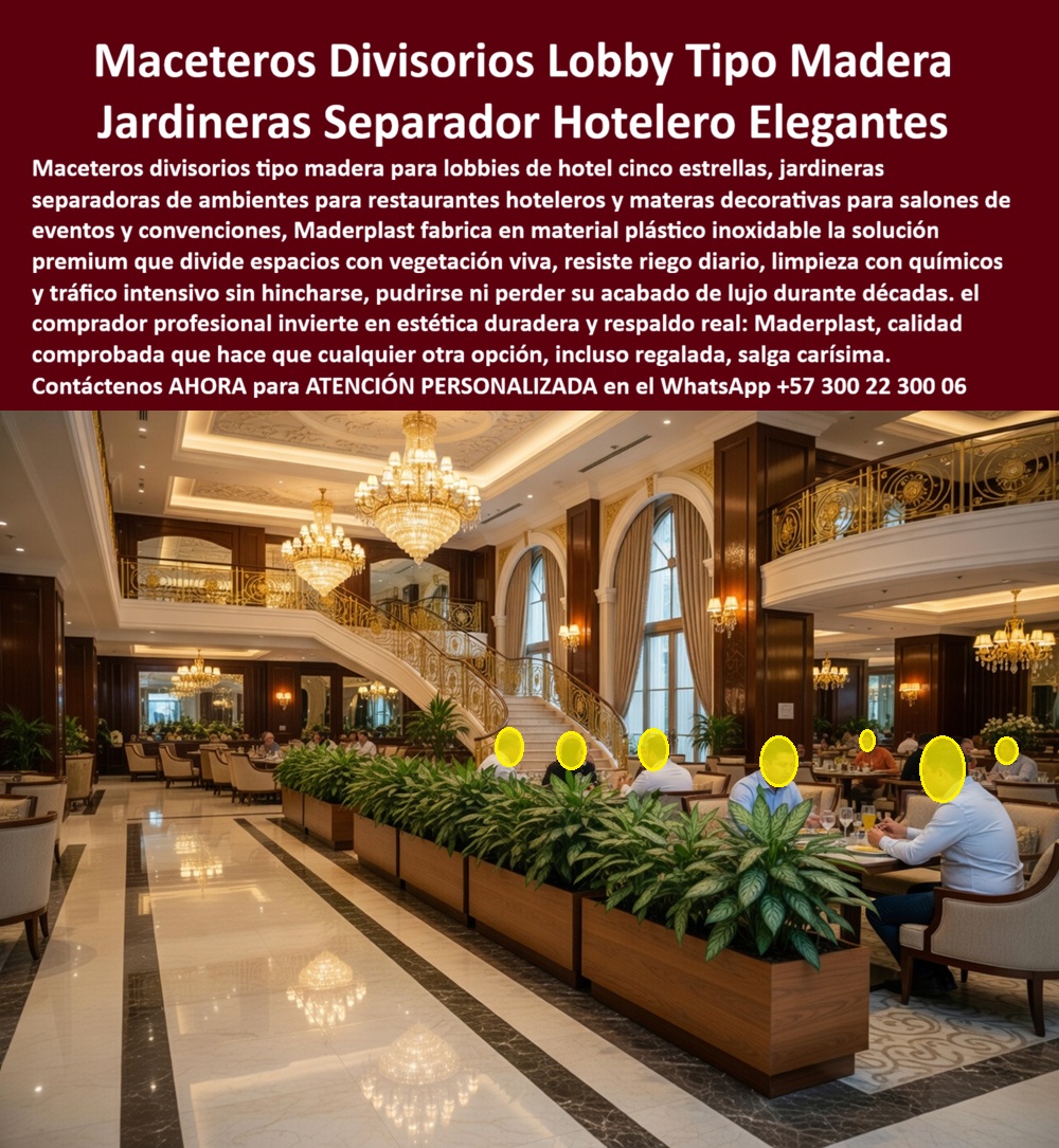 Macetas Decorativas Lobbies División Espacio Hotelero Separador Maderplast Maceteros Decorativos para Hoteles Resistentes Jardineras separadoras interiores controlan espacios diseño moderno Macetas divisorias evitar sobrecostos ambientando PP  Macetero Divisorio Maderplast – Jardinera Separadora Interior Tipo Madera para Lobbies y Restaurantes Hoteleros En la imagen se aprecia un macetero divisorio Maderplast tipo madera para lobby hotelero con acabado elegante de tablones longitudinales en tono nogal claro, formando jardineras rectangulares largas y bajas que separan áreas de restaurante y circulación en un salón de lujo con pisos de mármol pulido, arañas de cristal y escalera imperial. Estas jardineras separadoras presentan textura realista de madera natural pero construidas en polímeros de ingeniería que resisten riego diario, limpieza con químicos y tráfico intensivo sin hincharse ni perder su acabado premium. El diseño modular se integra perfectamente al ambiente interior de alto estándar, creando divisiones funcionales y estéticas con vegetación viva. Quien ha gestionado proyectos de hoteles cinco estrellas o restaurantes de lujo sabe perfectamente cuál es el verdadero dolor: las jardineras y maceteros de madera tradicional en lobbies y salones de eventos sufren hinchazón, pudrición y manchas constantes por el riego diario de las plantas y la limpieza química frecuente. Esto genera reposiciones prematuras, interrupciones en la operación y costos que se acumulan mientras deterioran la imagen de lujo del hotel. Lo que en un principio parece una opción económica termina convirtiéndose en una inversión muy cara por fallas críticas, gastos ocultos y la imposibilidad de justificar ante la gerencia o los inversionistas una decisión que, a la larga, resulta mucho más costosa y problemática. Una compra bien hecha recibe felicitaciones permanentes; una mal hecha no encuentra excusa que compense los gastos adicionales y los dolores de cabeza. Maderplast resuelve este problema de forma definitiva y segura. Fabricamos a medida el macetero divisorio lobby hotel madera, la jardinera separadora interior hotel y los maceteros decorativos resistentes riego con composites poliméricos de ingeniería interior que eliminan por completo la hinchazón, la pudrición, la decoloración y cualquier necesidad de mantenimiento. El resultado es un macetero con más de 20 años de vida útil, acabado madera integral permanente, peso optimizado y huella de carbono baja, ideal para divisiones funcionales en lobbies, restaurantes y salones de eventos mientras mantiene una estética de lujo impecable bajo riego constante y tráfico intensivo. Así lo confirman en testimonio de caso real el Gerente de Infraestructura de un hotel cinco estrellas en un proyecto del 2024: el problema que enfrentamos era el deterioro constante de las jardineras de madera en lobbies y restaurantes por riego diario y limpieza química, generando hinchazón, manchas y reposiciones frecuentes que afectan la imagen de lujo del hotel. Después de instalar los maceteros divisores Maderplast tipo madera con acabado nogal, fabricados a medida según el diseño interior del proyecto y adaptados a las dimensiones exactas de las zonas comunes, las jardineras se mantienen en perfecto estado sin ningún mantenimiento correctivo después de meses de uso intensivo, conservando apariencia impecable y funcionalidad plena mientras reducen drásticamente el costo total de propiedad. Cuando un profesional busca la mejor alternativa duradera a las macetas tradicionales lobby, el macetero divisorio tipo madera o la jardinera separadora interior con las especificaciones técnicas correctas, Maderplast entrega la tranquilidad absoluta. Contamos con ficha técnica completa en PDF con medidas, planos de anclaje y especificaciones de carga, certificados de pruebas de laboratorio y videos reales disponibles en el canal de YouTube @maderplasSA. Los productos Maderplast son tan buenos que cualquier otra opción, incluso regalada, terminaría siendo carísima por sus fallas y mantenimientos constantes. Si su proyecto requiere un macetero divisorio que realmente entregue durabilidad extrema, elegancia permanente y rentabilidad a largo plazo, contáctenos hoy. Nuestro equipo de ingenieros está listo para brindarle cotización personalizada, renders, prototipos y toda la asesoría técnica que necesite. WhatsApp directo: +57 300 22 300 06