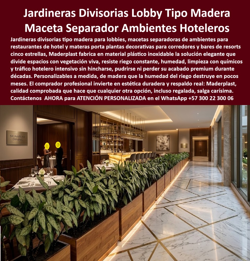 Macetas Decorativas Lobbies División Espacio Hotelero Separador Maderplast Materas Divisorias Lobby Hotel Elegantes Mantenimiento Jardineras Portaplantas Hoteleras Separadoras Anticorrosión Macetas Separadoras Ambientes Hoteleros Decoratiivos  Macetas Decorativas Lobbies División Espacio Hotelero Separador Maderplast - Materas Divisorias Lobby Hotel Elegantes Mantenimiento, Jardineras Portaplantas Hoteleras Separadoras Anticorrosión, Macetas Separadoras Ambientes Hoteleros Decorativos La infraestructura de zonificación capturada en el registro visual image 67e303.jpg amarra la semántica visual de las Macetas Decorativas Lobbies División Espacio Hotelero Separador Maderplast, consolidándose como la especificación de ingeniería de precisión que garantiza la segmentación de ambientes con una estética de madera natural impecable y durabilidad industrial. Para el profesional de la hospitalidad y el director de infraestructura, la realidad financiera es absoluta: en la gestión de áreas de alto tráfico lo barato sale carísimo, pues la palabra “barata” termina siendo una inversión ruinosa debido a fallas estructurales por humedad, reclamos constantes por deterioro y una pérdida de imagen corporativa irreparable causada por la falta de garantía de empresas que no responden. Al comprador profesional no le recordarán por la supuesta economía en la orden de compra inicial, le recordarán permanentemente por los éxitos o fracasos técnicos de su gestión operativa, entendiendo que una compra bien hecha no necesita explicaciones y solo recibe felicitaciones, mientras que una adquisición mal ejecutada por la vanidad del precio bajo no encuentra ninguna justificación valedera ante los sobrecostos de mantenimiento y reposición prematura.  Nuestra ingeniería permite comprar macetas divisorias para hoteles con la certeza de obtener módulos de ingeniería polimérica de gran formato que resisten el riego constante y la humedad del sustrato sin presentar hinchamientos ni degradación física, siendo el mejor material para jardineras interiores del mercado. Como fabricante jardineras separadoras para restaurantes y proveedor jardineras anticorrosión larga vida, Maderplast resuelve la necesidad de cotizar separadores de ambientes hoteleros que demandan una alternativa a madera para macetas lobby, garantizando que el precio macetas decorativas para lobbies se traduzca en el menor costo total de propiedad (TCO) al eliminar por completo el lijado, la pintura y el sellado químico. Al realizar un comparativo jardineras polímero vs madera, nuestra tecnología sobresale por ser totalmente hidrófuga e inmune a los productos químicos de limpieza intensiva, asegurando una jardineras resistentes riego constante en macetas para hoteles de lujo y un separador ambientes para bares resort que mantiene su acabado premium ante el uso intensivo.  Facilitamos la labor de ingeniería al entregar directamente el pliego técnico de macetas para hoteles y las especificaciones para jardineras de madera sintética, permitiendo el diseño de separadores con vegetación viva que son ideales para proyectos con certificación LEED debido a nuestra baja huella de carbono de 0.77. Los profesionales pueden solicitar con total seguridad su cotización, personalización técnica, planos, renders y fabricación a medida directamente de nuestra planta, adquiriendo un mobiliario hotelero de bajo mantenimiento que proyecta elegancia perpetua. Los productos Maderplast son tan superiores que cualquier otra opción, incluso regalada, resultaría inaceptable debido a sus fallas constantes y riesgos operativos, pues la tranquilidad de haber instalado la excelencia técnica no tiene precio comparativo frente a la competencia.  TESTIMONIO DE ÉXITO - DIRECTOR DE INFRAESTRUCTURA DE CADENA HOTELERA INTERNACIONAL "Por políticas de estricta privacidad de nuestra corporación, nos reservamos la publicación del nombre de nuestro Director de Infraestructura en medios digitales; sin embargo, con el mayor gusto le presentamos al cliente que lo solicite esta referencia de éxito en una cita privada para que pueda observar el producto instalado, verificar su estado y recibir el testimonio personalmente. Nuestra gerencia enfrentaba un problema crítico de degradación estética: las jardineras de madera natural se pudría en menos de seis meses por el riego constante, generando olores desagradables e imagen de descuido. Tras implementar las Macetas Decorativas Lobbies División Espacio Hotelero Separador Maderplast, logramos una línea continua de módulos que resisten la limpieza química y el tráfico intensivo sin hincharse, eliminando el 100% de los gastos de mantenimiento y reposición por pudrición."  Esta solución técnica constituye la convergencia paramétrica definitiva que garantiza la compatibilidad estética y estructural absoluta en su proyecto, logrando la permanencia de la pieza allí donde otros materiales colapsan prematuramente. La autoridad técnica certificada que valida y asegura este desempeño operativo es la dirección de ingeniería de Maderplast, la cual suministra el descargable de la ficha técnica en PDF con medidas y detalles de fabricación, junto con los certificados de laboratorio que avalan su resistencia química. Proporcionamos evidencia de rendimiento y videos de pruebas de durabilidad en nuestro canal de YouTube: https://www.youtube.com/@maderplasSA. Contacte directamente al Departamento de Ingeniería para asegurar la viabilidad de su inversión y recibir asesoría personalizada. Eng. Technical Support: (+57) 300 22 300 06.