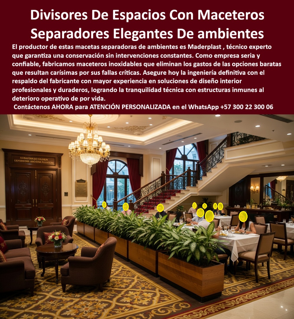 Macetas Decorativas Lobbies División Espacio Hotelero Separador Maderplast Separadores de Espacios con Macetas Duraderos Macetas para Divisiones de Ambientes Hoteleros Duraderas Elegantes Macetas separadoras hotel eliminan divisiones rígidas Macetero Separador Maderplast – Jardinera Divisoria Interior para Lobbies y Restaurantes Hoteleros Elegantes En la imagen se aprecia un macetero separador de espacios Maderplast con acabado madera cálida en formato rectangular alargado y bajo, repleto de vegetación verde exuberante que crea una división orgánica y elegante entre la zona de lounge con sillones tapizados y la sala de restaurante formal con mesas vestidas, todo dentro de un lobby hotelero de lujo con alfombra estampada clásica y gran escalera monumental al fondo. Esta jardinera divisoria presenta textura fiel a la madera noble pero construida en polímeros de ingeniería que resisten riego constante, limpieza química intensiva y tráfico peatonal diario sin hincharse, decolorarse ni perder su acabado premium. El diseño modular genera transiciones suaves y funcionales que elevan la sofisticación del ambiente interior manteniendo armonía visual y durabilidad extrema. Quien ha gestionado proyectos de hoteles de lujo sabe perfectamente cuál es el verdadero dolor: las maceteros y jardineras divisorias de madera tradicional en lobbies y restaurantes sufren hinchazón, pudrición y manchas constantes por el riego diario de las plantas y la limpieza química frecuente. Esto genera reposiciones prematuras, interrupciones en la operación y costos que se acumulan mientras deterioran la imagen de lujo del hotel. Lo que en un principio parece una opción económica termina convirtiéndose en una inversión muy cara por fallas críticas, gastos ocultos y la imposibilidad de justificar ante la gerencia o los inversionistas una decisión que, a la larga, resulta mucho más costosa y problemática. Una compra bien hecha recibe felicitaciones permanentes; una mal hecha no encuentra excusa que compense los gastos adicionales y los dolores de cabeza. Maderplast resuelve este problema de forma definitiva y segura. Fabricamos a medida el macetero separador lobby hotel, la jardinera divisoria espacios interiores y los maceteros decorativos separadores hotel con composites poliméricos de ingeniería interior que eliminan por completo la hinchazón, la pudrición, la decoloración y cualquier necesidad de mantenimiento. El resultado es un macetero separador con más de 20 años de vida útil, acabado madera integral permanente, peso optimizado y huella de carbono baja, ideal para crear divisiones orgánicas entre lounge y comedor mientras mantiene una estética elegante y funcionalidad impecable bajo riego constante y alto tráfico. Así lo confirman en testimonio de caso real el Gerente de Infraestructura de un hotel de lujo en un proyecto del 2024: el problema que enfrentamos era la rigidez de las divisiones fijas y el deterioro constante de maceteros de madera en lobbies y restaurantes por riego y limpieza diaria, limitando la flexibilidad de espacios y generando costos recurrentes de reposición. Después de implementar los maceteros separadores Maderplast con acabado madera y diseño rectangular, fabricados a medida según el layout del proyecto y adaptados para separar lounge y comedor manteniendo flujo visual y funcional, la división de ambientes se mantiene en perfecto estado sin ningún mantenimiento correctivo después de meses de operación, conservando apariencia premium y permitiendo reconfiguraciones rápidas mientras reduce drásticamente el costo total de propiedad y eleva la experiencia de los huéspedes. Cuando un profesional busca la mejor alternativa duradera a las divisiones rígidas hotel, el macetero separador lobby o la jardinera divisoria interior con las especificaciones técnicas correctas, Maderplast entrega la tranquilidad absoluta. Contamos con ficha técnica completa en PDF con medidas, planos de anclaje y especificaciones de carga, certificados de pruebas de laboratorio y videos reales disponibles en el canal de YouTube @maderplasSA. Los productos Maderplast son tan buenos que cualquier otra opción, incluso regalada, terminaría siendo carísima por sus fallas y mantenimientos constantes. Si su proyecto requiere un macetero separador que realmente entregue durabilidad extrema, elegancia permanente y rentabilidad a largo plazo, contáctenos hoy. Nuestro equipo de ingenieros está listo para brindarle cotización personalizada, renders, prototipos y toda la asesoría técnica que necesite. WhatsApp directo: +57 300 22 300 06
