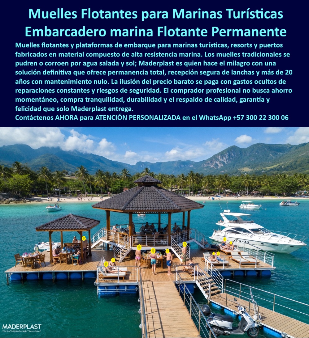 Muelles Marinas Turísticas Puertos Embarcaderos Turísticos Flotantes Maderplast Plataformas Flotantes Embarcaderos Resort Permanentes Muelles flotantes evitan pudrición recibiendo lanchas solución definitiva Muelles para islas sin deterioro 0 Muelles Flotantes Maderplast – Embarcadero Flotante Permanente para Marinas Turísticas y Resorts Costeros En la imagen se aprecia un muelle flotante Maderplast para marina turística compuesto por plataformas de deck con acabado madera clara y flotadores azules de alta flotabilidad, formando un embarcadero flotante permanente con gazebo central techado en un entorno paradisíaco de playa tropical con yates y lanchas amarradas. Esta infraestructura marina presenta estructura modular resistente a la corrosión por agua salada, salinidad y rayos UV intensos, eliminando por completo los problemas de pudrición y oxidación típicos de muelles tradicionales de madera o metal. El diseño se integra perfectamente con el paisaje costero ofreciendo estética profesional y durabilidad extrema en condiciones marinas exigentes. Quien ha trabajado en proyectos de marinas turísticas o resorts costeros conoce muy bien el verdadero dolor: los muelles y embarcaderos tradicionales de madera o metálicos sufren corrosión acelerada por el agua salada y el sol intenso. Esto obliga a reparaciones frecuentes, interrupciones operativas y altos costos de mantenimiento. Lo que en un principio parece una opción económica termina convirtiéndose en una inversión muy cara por fallas críticas, riesgos de seguridad y daño a la imagen del resort. Al final, lo barato sale carísimo. Una compra guiada solo por el precio inicial genera gastos ocultos y problemas que nadie puede justificar ante la gerencia o los inversionistas. Una compra bien hecha recibe felicitaciones año tras año, mientras que una mal hecha no encuentra excusa válida que compense los costos adicionales y los dolores de cabeza. Maderplast resuelve este problema de manera definitiva con muelles flotantes fabricados en composites poliméricos de ingeniería marina. Estos muelles flotantes para marina turística y embarcaderos flotantes permanentes para resorts costeros son completamente inmunes a la corrosión salina, a los rayos UV y a la humedad permanente. Ofrecen más de 20 años de servicio con mantenimiento prácticamente nulo, superficie antideslizante, diseño modular, bajo peso y huella de carbono baja, lo que los hace ideales para proyectos que buscan certificaciones LEED o EDGE. La solución permite recibir lanchas y yates de forma segura y elegante durante décadas sin los constantes dolores de cabeza de los muelles tradicionales. Así lo confirman en testimonio de caso real el Gerente de Infraestructura de una marina en un resort tropical tras el proyecto del 2024: Antes de la implementación los muelles de madera y metálicos sufrían corrosión acelerada por agua salada y sol intenso, obligando a reparaciones frecuentes que interrumpen operaciones y elevaban costos. Después de instalar los muelles flotantes y plataformas Maderplast con deck modular y flotadores de alta resistencia, diseñados a medida, han pasado más de un año de operación continua y las plataformas mantienen su apariencia original y funcionalidad plena sin ningún mantenimiento correctivo. Esto ha mejorado notablemente la experiencia de los huéspedes y reducido drásticamente el costo total de propiedad. Cuando un profesional busca la mejor alternativa duradera a los muelles tradicionales en resorts, el muelle flotante marina turística o el embarcadero flotante resort costero con las especificaciones técnicas correctas, Maderplast entrega la tranquilidad que se necesita. Contamos con ficha técnica completa en PDF con medidas, planos de anclaje y especificaciones de carga, además de certificados de pruebas de laboratorio y videos reales disponibles en el canal de YouTube @maderplasSA. Si su proyecto requiere un muelle flotante que realmente entregue durabilidad extrema, seguridad y rentabilidad a largo plazo, contáctenos hoy. Nuestro equipo de ingenieros está listo para brindarle cotización personalizada, renders, prototipos y toda la asesoría técnica que necesite. WhatsApp directo: +57 300 22 300 06