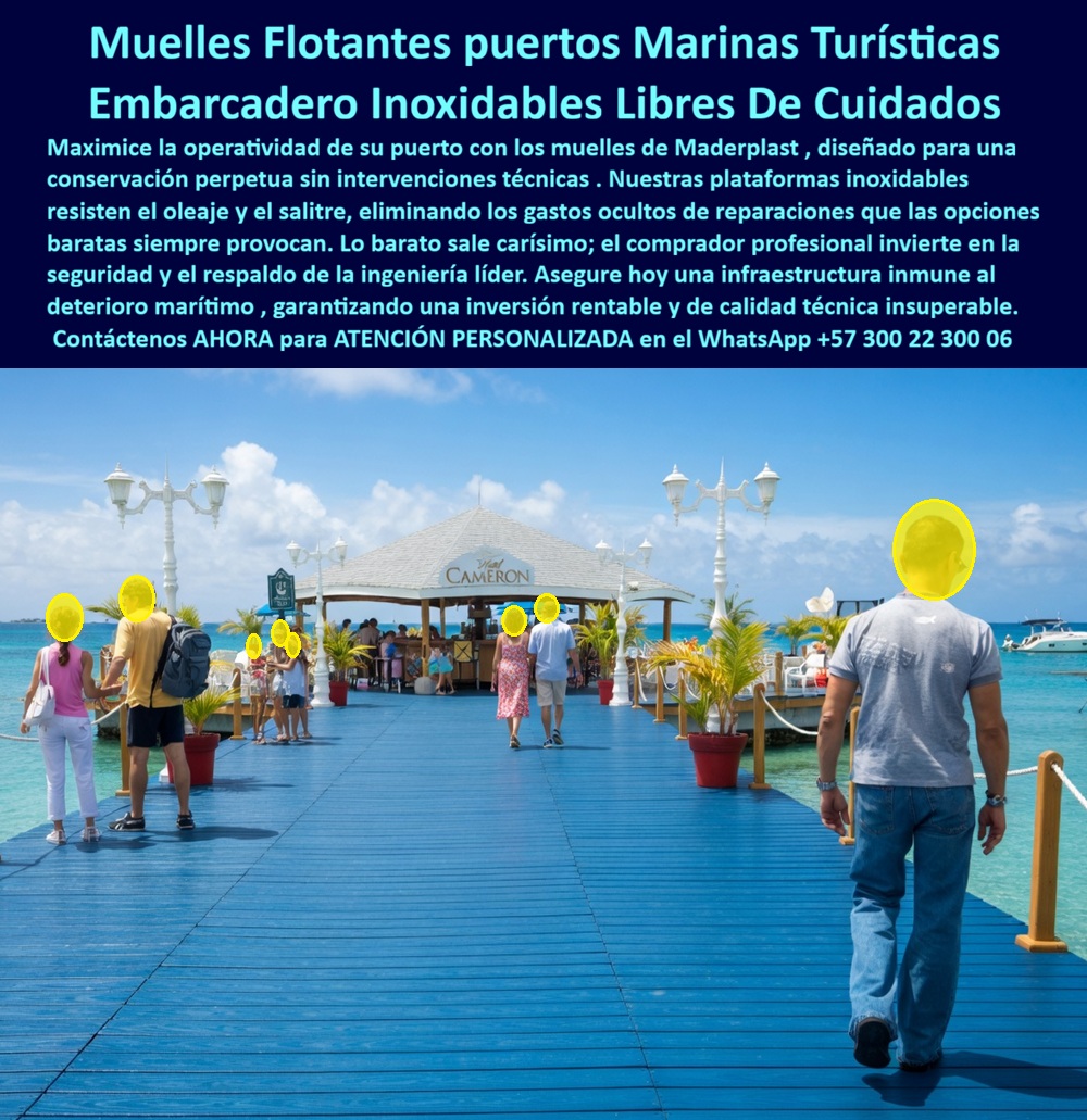 Muelles Marinas Turísticas Puertos Embarcaderos Turísticos Flotantes Maderplast Puertos marítimos cero gastos recibiendo pasajeros siempre fuertes Muelles Modulares Flotantes Costeros Resistentes Oleaje Seguros Muelles Flotantes Hoteleros PP  Muelle Flotante Modular Azul Maderplast – Embarcadero para Puertos Marítimos Turísticos con Atraque Seguro y Cero Mantenimiento En la imagen se aprecia un muelle flotante modular azul Maderplast para puerto marítimo turístico con deck continuo de color integral vibrante y superficie antideslizante que se extiende en línea recta sobre aguas turquesas cristalinas, flanqueado por barandas con postes y lámparas ornamentales blancas. Esta pasarela peatonal amplia presenta quiosco central techado, macetas con vegetación tropical y flujo constante de turistas, todo construido en polímeros de ingeniería que resisten oleaje, salinidad y tráfico intensivo sin corrosión ni mantenimiento. El diseño modular se integra al entorno portuario costero ofreciendo seguridad permanente y estética profesional duradera. Quien ha gestionado infraestructura en puertos marítimos turísticos o marinas hoteleras conoce muy bien el verdadero dolor: las pasarelas y muelles tradicionales sufren desgaste acelerado por el oleaje constante, el salitre y el alto flujo de pasajeros. Esto genera interrupciones operativas, riesgos de seguridad y costos recurrentes de reparación que afectan la eficiencia y la imagen del puerto. Lo que en un principio parece una opción económica termina convirtiéndose en una inversión muy cara por fallas críticas, gastos ocultos y la imposibilidad de justificar ante la gerencia o los inversionistas una decisión que, a la larga, resulta mucho más costosa y problemática. Una compra bien hecha recibe felicitaciones permanentes; una mal hecha no encuentra excusa que compense los gastos adicionales y los dolores de cabeza. Maderplast resuelve este problema de forma definitiva y segura. Fabricamos a medida el muelle flotante modular azul puerto turístico, la pasarela peatonal flotante resistente salitre y el embarcadero flotante largo pasajeros con composites poliméricos de ingeniería marina que eliminan por completo la corrosión, el desgaste por impacto y la degradación por UV o salinidad. El resultado es una plataforma modular ligera, con deck antideslizante certificado, color integral permanente y más de 20 años de vida útil, ideal para soportar oleaje, tráfico peatonal intensivo y operación continua en puertos costeros, todo con huella de carbono baja y estética moderna que eleva la experiencia de los visitantes. Así lo confirman en testimonio de caso real el Gerente de Infraestructura de un puerto marítimo turístico en un proyecto del 2024: el problema que enfrentamos era el desgaste acelerado de pasarelas y muelles por oleaje constante y alto flujo de pasajeros, generando interrupciones operativas y costos recurrentes de reparación que afectan la eficiencia del puerto. Después de implementar el muelle flotante modular azul Maderplast con deck continuo y quiosco central, fabricado a medida según los planos del proyecto y adaptado al entorno costero de la marina, la plataforma ha operado de forma continua durante meses sin ningún mantenimiento correctivo, conservando superficie antideslizante y color original, con mejora en seguridad y reducción significativa del costo total de propiedad. Cuando un profesional busca la mejor alternativa para un muelle modular costero resistente al oleaje, el embarcadero flotante largo pasajeros o la pasarela flotante duradera con las especificaciones técnicas correctas, Maderplast entrega la tranquilidad absoluta. Contamos con ficha técnica completa en PDF con medidas, planos de anclaje y especificaciones de carga, certificados de pruebas de laboratorio y videos reales disponibles en el canal de YouTube @maderplasSA. Los productos Maderplast son tan buenos que cualquier otra opción, incluso regalada, terminaría siendo carísima por sus fallas y mantenimientos constantes. Si su proyecto requiere un muelle flotante que realmente entregue durabilidad extrema, seguridad y rentabilidad a largo plazo, contáctenos hoy. Nuestro equipo de ingenieros está listo para brindarle cotización personalizada, renders, prototipos y toda la asesoría técnica que necesite. WhatsApp directo: +57 300 22 300 06