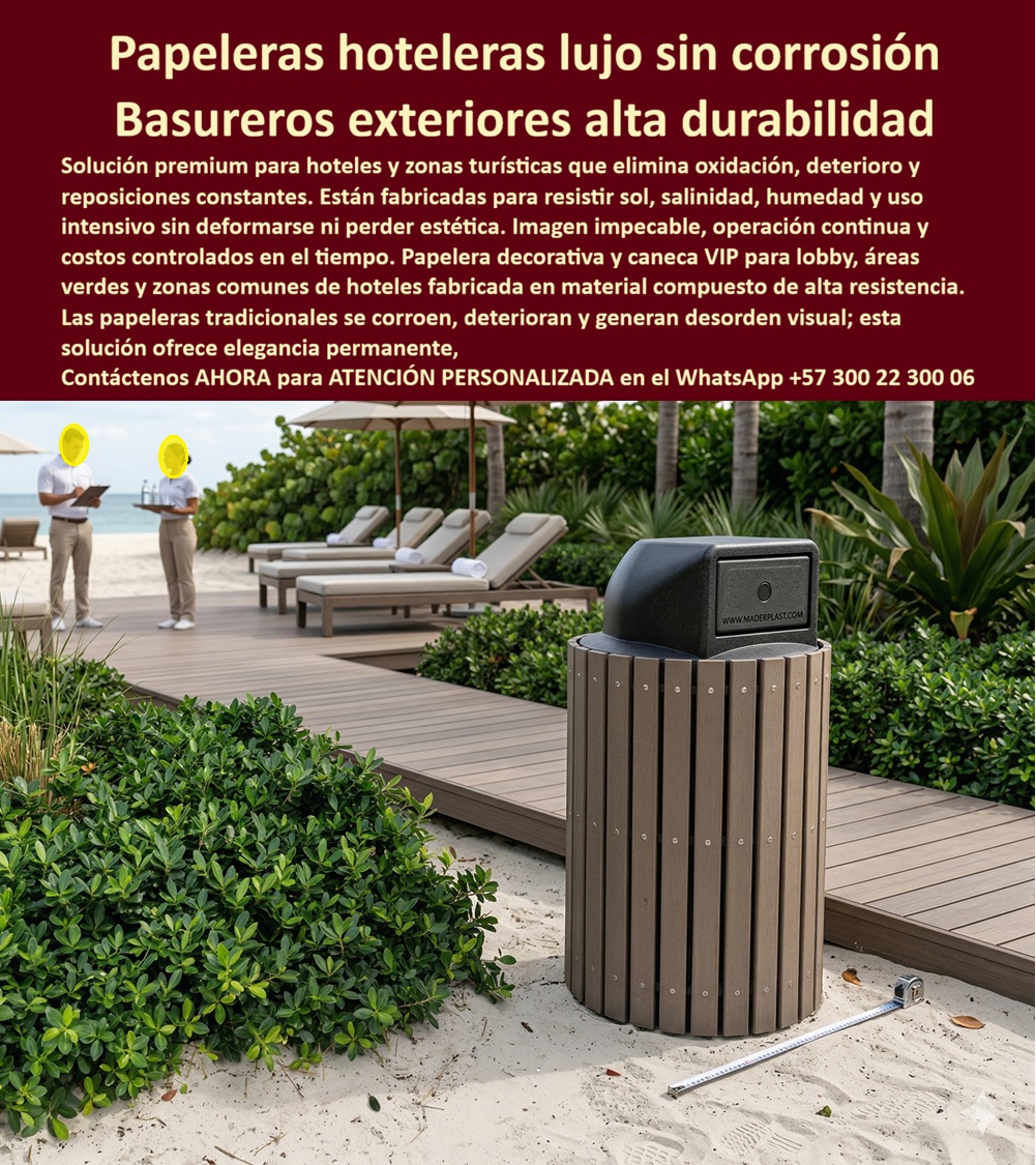 Papeleras Decorativas Lobby Hotel Canecas Vip Basureros Maderplast Potes basureros equipando hoteles muy duraderos Recipientes turísticos decorando exteriores siempre fuertes Recipientes de Basura VIP Hoteleros Inoxidables Sin Mantenimiento  Papelera Decorativa de Doble Compartimento en Polímero de Ingeniería para Lobby de Hotel de Lujo — Punto Ecológico Ornamental Antirrobo que No Corroe, No Mancha Pisos y No Deteriora la Imagen | Maderplast Fabricante Colombia La imagen muestra lo que debería ser —y casi nunca es— una papelera en el lobby de un hotel de lujo: un módulo de doble compartimento tono bronce champagne con paneles frontales lacados en motivo arabesco ojival cortado por CNC, instalado bajo arcos apuntados de arquitectura morisca con muros de estuco arena y piso de mármol pulido, donde la papelera no genera disonancia visual sino que se funde con el lenguaje decorativo del recinto como si hubiera sido diseñada por el mismo arquitecto. Cada arco y cada trama del calado mantienen definición milimétrica porque el material no es metal pintado ni plástico inyectado genérico: es polímero de ingeniería Maderplast con color integral en masa que resiste el lavado diario, los productos de limpieza industrial y el contacto con lixiviados orgánicos sin alterar color ni deformar la estructura del panel. El problema es triple. Las canecas de acero inoxidable atraen hurto por su valor como chatarra — hoteles con contenedores metálicos en zonas públicas reportan reposición cada ocho a catorce meses, partida que nunca aparece en la cotización original. Las que sobreviven desarrollan corrosión por picadura con cloruros de limpieza y generan escurrimientos de óxido que manchan permanentemente el mármol. Las papeleras de plástico genérico degradan la imagen premium, se agrietan con sol y amarillean. Al comprador no lo recordarán por el precio más bajo sino por los éxitos o fracasos de su decisión, y una caneca "barata" que se roban, que mancha el mármol o que degrada el lobby es lo que sale carísimo por reposición, pérdida de imagen y falta de garantía de empresas que no responden. Maderplast elimina los tres problemas en un solo producto. El polímero de ingeniería es químicamente inerte a todos los productos de limpieza comercial — clorados, desengrasantes y ácidos —, no absorbe olores, no mancha pisos y se lava con manguera sin precaución especial. El color integral no descansa en aristas ni genera escurrimientos porque no hay pintura que se deteriore sino pigmento fundido en la masa. Y el material carece de valor como chatarra metálica, anulando el incentivo de hurto que consume presupuesto año tras año. Los paneles calados se fabrican por CNC con cualquier motivo decorativo — arabesco, mudéjar, geométrico, botánico o diseño corporativo personalizado — en la cantidad de compartimentos, colores y dimensiones que el proyecto requiera, funcionando como punto ecológico ornamental para separación de residuos que eleva la imagen del espacio en lugar de degradarla. Garantía verificable superior a veinte años, fichas técnicas en PDF y videos de ensayos de resistencia química en https://www.youtube.com/@maderplasSA. Un hotel de lujo con arquitectura temática —nombre reservado, visita disponible— suponía papeleras de acero inoxidable cada año por hurto, las sobrevivientes escurría óxido sobre el mármol del lobby, y las canecas genéricas de emergencia degradan la imagen. Maderplast fabrica papeleras de doble compartimento con paneles calados en arabesco replicando el lenguaje del hotel, en polímero bronce champagne. Tras operación bajo limpieza diaria con clorados, los módulos conservan acabado y definición intactos sin un solo evento de hurto. Una compra bien hecha no necesita explicaciones, solo recibe felicitaciones, y los productos Maderplast son tan buenos que los demás, al contabilizar hurto y reposición, no se aceptarían ni regalados. Si necesita cotizar papelera decorativa para lobby de hotel, punto ecológico ornamental para zonas comunes, alternativa antirrobo a caneca de acero inoxidable, basurero ornamental sin corrosión para zonas húmedas, diseño de punto ecológico temático para hotel boutique, especificaciones para pliego técnico o fabricación personalizada, Maderplast es fabricante directo en Colombia con ingenieros desde el concepto. La decisión correcta no es la que cuesta menos hoy; es la que no cuesta nada mañana. Contacte un ingeniero Maderplast por WhatsApp: 57+ 300 22 300 06.