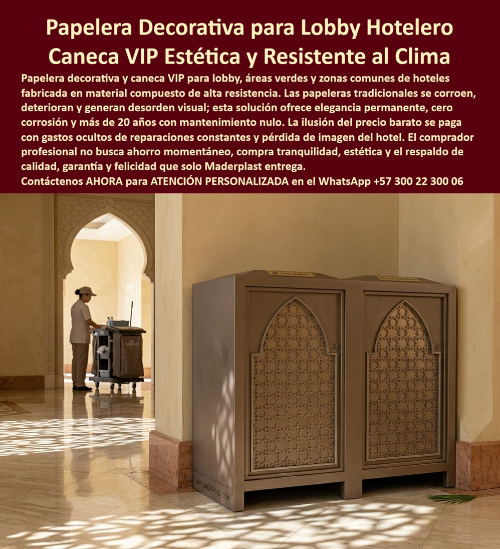 Papeleras Decorativas Lobby Hotel Canecas Vip Basureros Maderplast Puntos ecológicos hotel evitan desorden ambiental solución estética resistente Papeleras Áreas Verdes Hoteleras Resistentes Canecas de Basura Hoteleras Inoxidables Duraderas 0 Papelera Decorativa de Doble Compartimento en Polímero de Ingeniería para Lobby de Hotel de Lujo — Punto Ecológico Ornamental Antirrobo que No Corroe, No Mancha Pisos y No Deteriora la Imagen | Maderplast Fabricante Colombia La imagen muestra lo que debería ser —y casi nunca es— una papelera en el lobby de un hotel de lujo: un módulo de doble compartimento tono bronce champagne con paneles frontales lacados en motivo arabesco ojival cortado por CNC, instalado bajo arcos apuntados de arquitectura morisca con muros de estuco arena y piso de mármol pulido, donde la papelera no genera disonancia visual sino que se funde con el lenguaje decorativo del recinto como si hubiera sido diseñada por el mismo arquitecto. Cada arco y cada trama del calado mantienen definición milimétrica porque el material no es metal pintado ni plástico inyectado genérico: es polímero de ingeniería Maderplast con color integral en masa que resiste el lavado diario, los productos de limpieza industrial y el contacto con lixiviados orgánicos sin alterar color ni deformar la estructura del panel. El problema es triple. Las canecas de acero inoxidable atraen hurto por su valor como chatarra — hoteles con contenedores metálicos en zonas públicas reportan reposición cada ocho a catorce meses, partida que nunca aparece en la cotización original. Las que sobreviven desarrollan corrosión por picadura con cloruros de limpieza y generan escurrimientos de óxido que manchan permanentemente el mármol. Las papeleras de plástico genérico degradan la imagen premium, se agrietan con sol y amarillean. Al comprador no lo recordarán por el precio más bajo sino por los éxitos o fracasos de su decisión, y una caneca "barata" que se roban, que mancha el mármol o que degrada el lobby es lo que sale carísimo por reposición, pérdida de imagen y falta de garantía de empresas que no responden. Maderplast elimina los tres problemas en un solo producto. El polímero de ingeniería es químicamente inerte a todos los productos de limpieza comercial — clorados, desengrasantes y ácidos —, no absorbe olores, no mancha pisos y se lava con manguera sin precaución especial. El color integral no descansa en aristas ni genera escurrimientos porque no hay pintura que se deteriore sino pigmento fundido en la masa. Y el material carece de valor como chatarra metálica, anulando el incentivo de hurto que consume presupuesto año tras año. Los paneles calados se fabrican por CNC con cualquier motivo decorativo — arabesco, mudéjar, geométrico, botánico o diseño corporativo personalizado — en la cantidad de compartimentos, colores y dimensiones que el proyecto requiera, funcionando como punto ecológico ornamental para separación de residuos que eleva la imagen del espacio en lugar de degradarla. Garantía verificable superior a veinte años, fichas técnicas en PDF y videos de ensayos de resistencia química en https://www.youtube.com/@maderplasSA. Un hotel de lujo con arquitectura temática —nombre reservado, visita disponible— suponía papeleras de acero inoxidable cada año por hurto, las sobrevivientes escurría óxido sobre el mármol del lobby, y las canecas genéricas de emergencia degradan la imagen. Maderplast fabrica papeleras de doble compartimento con paneles calados en arabesco replicando el lenguaje del hotel, en polímero bronce champagne. Tras operación bajo limpieza diaria con clorados, los módulos conservan acabado y definición intactos sin un solo evento de hurto. Una compra bien hecha no necesita explicaciones, solo recibe felicitaciones, y los productos Maderplast son tan buenos que los demás, al contabilizar hurto y reposición, no se aceptarían ni regalados. Si necesita cotizar papelera decorativa para lobby de hotel, punto ecológico ornamental para zonas comunes, alternativa antirrobo a caneca de acero inoxidable, basurero ornamental sin corrosión para zonas húmedas, diseño de punto ecológico temático para hotel boutique, especificaciones para pliego técnico o fabricación personalizada, Maderplast es fabricante directo en Colombia con ingenieros desde el concepto. La decisión correcta no es la que cuesta menos hoy; es la que no cuesta nada mañana. Contacte un ingeniero Maderplast por WhatsApp: 57+ 300 22 300 06.