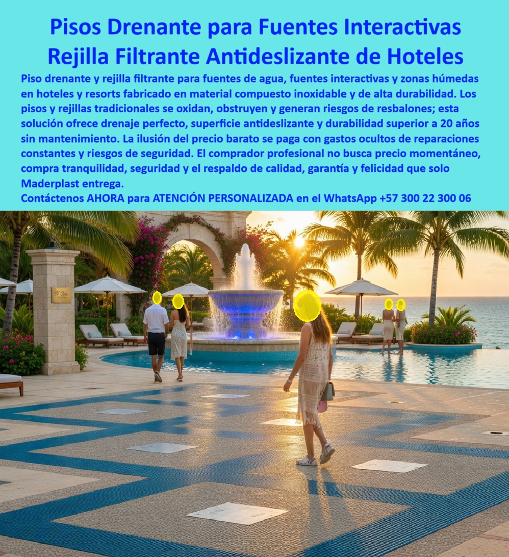 Pisos Drenantes Fuentes Agua Suelos Rejillas Filtrantes Rejas Maderplast Rejillas Para Fuentes Antideslizantes Inoxidables De Larga Duración Pisos Filtrantes Fuentes Interactivas Hoteles Sin Oxidación Duraderos Suelos Rejilla Parques Acuático Piso Drenante Geométrico Maderplast – Rejilla Filtrante Antideslizante para Fuentes Interactivas en Hoteles y Resorts En la imagen se aprecia un piso drenante geométrico Maderplast para fuentes interactivas en resorts de lujo, extensa superficie pavimentada con patrón decorativo en líneas azules y cuadros claros que integra rejillas filtrantes antideslizantes alrededor de fuente central iluminada en azul, instalada en patio de piedra con vista al océano al atardecer. Esta estructura polimérica exhibe textura uniforme y bordes precisos que garantizan paso seguro descalzo bajo tráfico intenso, resistiendo inmersión permanente en cloro y radiación UV sin oxidación ni encharcamientos gracias a su drenaje de alta capacidad y color integral. El piso Maderplast se funde con elegancia al diseño paisajístico del hotel, ofreciendo filtración rápida y durabilidad superior a 20 años sin mantenimiento. Quien ha gestionado fuentes ornamentales, splash pads o patios acuáticos en hoteles de lujo sabe perfectamente cuál es el verdadero dolor: las rejillas metálicas tradicionales se oxidan, se obstruyen y generan resbalones peligrosos por el agua y los químicos, obligando a limpiezas constantes y reposiciones costosas que interrumpen la operación y deterioran la imagen premium del establecimiento. Lo que parecía una opción económica termina convirtiéndose en una inversión muy cara por fallas críticas, riesgos de seguridad, gastos ocultos y la imposibilidad de justificar ante la gerencia o los inversionistas una decisión que, a la larga, resulta mucho más costosa y problemática. Una compra bien hecha recibe felicitaciones permanentes; una mal hecha no encuentra excusa que compense los gastos adicionales y los dolores de cabeza. Maderplast resuelve este problema de forma definitiva y segura. Fabricamos a medida el piso drenante geométrico fuente interactiva, la rejilla filtrante antideslizante fuentes hotel y los suelos filtrantes para fuentes luminosas con composites poliméricos de ingeniería acuática que eliminan por completo la corrosión, los resbalones, los encharcamientos y cualquier necesidad de mantenimiento. El resultado es un piso con más de 20 años de vida útil, patrón decorativo integrado, drenaje de alta capacidad, superficie antideslizante y compatibilidad con iluminación LED, ideal para fuentes ornamentales, fuentes interactivas y splash pads en patios y terrazas hoteleras mientras cumple los más altos estándares de seguridad y estética. Así lo confirman en testimonio de caso real la Gerencia de Infraestructura de un resort de lujo frente al mar en un proyecto del 2024: el problema que enfrentamos era el rápido deterioro y oxidación de rejillas metálicas en la fuente ornamental del patio central, generando resbalones, obstrucciones y costos constantes de limpieza y reparación que afectan la imagen de lujo y la experiencia nocturna de los huéspedes. Después de instalar el piso drenante geométrico Maderplast con patrón decorativo y rejillas filtrantes antideslizantes, fabricado a medida e integrado alrededor de la fuente según el diseño paisajístico del proyecto, el sistema de suelos ha operado de forma continua sin ningún mantenimiento correctivo ni incidente de seguridad después de meses de uso intensivo, manteniendo drenaje perfecto, efecto iluminado impecable y estética intacta. Cuando un profesional busca la mejor alternativa duradera a las rejillas metálicas de fuentes, el piso drenante para fuentes de agua o la rejilla filtrante antideslizante con las especificaciones técnicas correctas, Maderplast entrega la tranquilidad absoluta. Contamos con ficha técnica completa en PDF con medidas, planos de anclaje y especificaciones de carga, certificados de pruebas de laboratorio y videos reales disponibles en el canal de YouTube @maderplasSA. Los productos Maderplast son tan buenos que cualquier otra opción, incluso regalada, terminaría siendo carísima por sus fallas y mantenimientos constantes. Si su proyecto requiere un piso drenante que realmente entregue durabilidad extrema, seguridad y rentabilidad a largo plazo, contáctenos hoy. Nuestro equipo de ingenieros está listo para brindarle cotización personalizada, renders, prototipos y toda la asesoría técnica que necesite. WhatsApp directo: +57 300 22 300 06