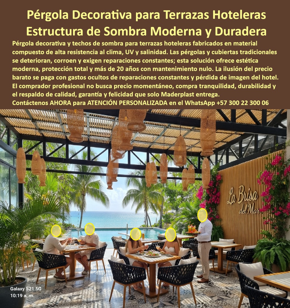 Pérgolas Decorativas Terrazas Hoteleras Techos Sombra Cubierta Maderplast Pérgolas terraza hotel evitan deterioro clima estética moderna duradera Techos Sombra Terraza Hotel Anticorrosión Estructuras de Sombra Hoteleras Duraderas Sin Mantener  Pérgola Decorativa en Polímero Estructural para Terraza-Restaurante de Hotel Boutique Frente al Mar — Cubierta de Sombra Moderna Anti Corrosión Sin Mantenimiento Color Integral Permanente | Maderplast Fabricante Colombia Esta no es una foto de catálogo ni un render: es la terraza-restaurante real de "La Brisa del Mar" en operación activa en zona costera caribeña, con comensales bajo una pérgola de perfilería tono negro grafito que combina columnas rectangulares, vigas longitudinales, correas transversales y un entramado de listones que genera sombra filtrada sobre un comedor al aire libre para cuarenta personas. Luminarias artesanales de fibra tejida cuelgan del entramado sin fijaciones metálicas expuestas, junto a la piscina, buganvillas y vista directa al mar Caribe. Cada perfil es polímero de ingeniería Maderplast con color integral en acabado oscuro mate, y lleva temporadas completas bajo brisa salina, lluvia tropical y UV ecuatorial sin una sola ampolla, escama ni cambio de tono. El problema que esta pérgola resolvió es el que enfrenta cualquier hotel boutique costero con estructura metálica: cada seis meses el acero muestra ampollas, manchas de óxido y láminas de corrosión que caen sobre el área de comensales, contradiciendo la imagen premium del negocio. Cada repintado exige cerrar el restaurante varios días, montar andamios y aplicar anticorrosivo con disolventes cuyo olor afecta la experiencia del huésped. En veinte años el acero acumula entre ocho y doce ciclos de repintado más reemplazo de perfiles; el aluminio anodizado reduce la corrosión pero no la elimina en uniones y tiene valor como chatarra que invita al robo. Al comprador no lo recordarán por el precio más bajo sino por los éxitos o fracasos de su decisión, y una pérgola "barata" que genera óxido sobre los platos y cierres de restaurante es lo que sale carísimo por fallas, mantenimiento, pérdida de imagen y falta de garantía de empresas que no responden. Maderplast eliminó ese ciclo con ingeniería de materiales, no con promesas. El polímero estructural es inmune a corrosión salina, mantiene estabilidad dimensional bajo humedad tropical permanente, no genera descascaramiento ni láminas de óxido que contaminen el espacio gastronómico y conserva color integral sin intervención durante toda su vida operativa documentada. La perfilería viene prefabricada a medida y el ensamblaje modular permite instalaciones en plazos ajustados sin soldaduras ni trabajos en caliente que interrumpan la operación —la pérgola liviana de montaje rápido sin soldadura es una ventaja operativa concreta cuando el hotel no puede cerrar más de una semana—. Los perfiles huecos canalizan cableado eléctrico e integran puntos de anclaje ocultos para luminarias decorativas sin exponer ninguna fijación metálica al ambiente salino. Garantía verificable superior a veinte años, fichas técnicas en PDF con medidas, planos y anclaje, certificados de laboratorio con fecha y entidad, y videos de ensayos presenciales en https://www.youtube.com/@maderplasSA. Huella de carbono certificable de 0,77, inferior al acero galvanizado y al aluminio anodizado, con reciclabilidad total para proyectos alineados a certificaciones LEED y turismo sostenible. El caso es verificable porque la imagen es real: la terraza de "La Brisa del Mar" opera sin interrupciones desde la instalación de la pérgola Maderplast. La estructura no muestra alteración de color, textura ni estabilidad a pesar de la exposición directa a brisa marina permanente. El presupuesto semestral de repintado anticorrosivo fue eliminado de la operación y el restaurante no ha vuelto a cerrar por reparaciones estructurales. Una compra bien hecha no necesita explicaciones, solo recibe felicitaciones, y los productos Maderplast son tan buenos que los demás, al contabilizar costos ocultos y riesgo operativo, no se aceptarían ni regalados. Si necesita cotizar pérgola decorativa restaurante hotel frente al mar, alternativa a pérgola metálica oxidada para restaurante de playa, cubierta terraza sin descascaramiento en ambiente marino, estructura sombra moderna para terraza de resort costero, especificaciones para pliego técnico de infraestructura turística, diseño personalizado, planos, renders o fabricación a medida, Maderplast es fabricante directo en Colombia con ingenieros desde el anteproyecto. La decisión correcta no es la que cuesta menos hoy; es la que no cuesta nada mañana. Contacte un ingeniero Maderplast por WhatsApp: 57+ 300 22 300 06.