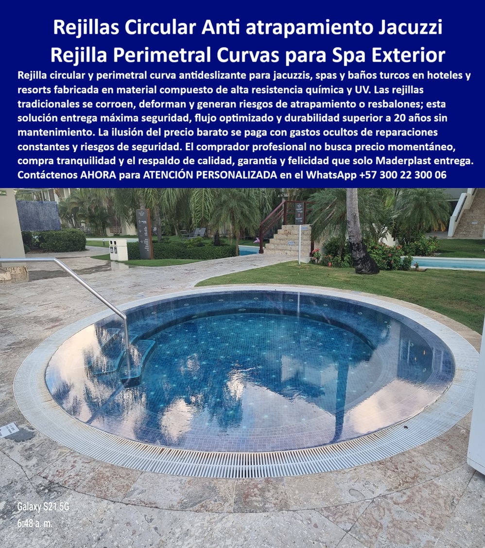 Rejas Circulares Piscina Spa Seguridad Antiatrapamiento Maderplast Rejilla perimetral jacuzzi curva antideslizante alta seguridad exterior Rejas Curvas Baño Turco Inoxidables Diseño Seguro Rejillas Jacuzzi Curvas Alta Seguridad Libre Corrosión  Las Rejas Circulares Piscina Spa Seguridad Antiatrapamiento Maderplast se imponen en el mercado como el sistema perimetral de ingeniería articulado definitivo para la alta hotelería y centros de hidroterapia avanzada. En la captura técnica de alta resolución que ofrece imagen 65875e.jpg, se evidencia cómo este componente de precisión milimétrica abraza los radios de curvatura más complejos, erradicando los riesgos operativos que los materiales convencionales no logran mitigar en entornos de lujo. Al implementar una rejilla-jacuzzi-circular-seguridad-antiatrapamiento-spa, el director de infraestructura asegura una superficie texturizada antideslizante que garantiza una evacuación fluida del agua, anulando por completo la succión peligrosa y el atrapamiento de cabello o extremidades que comprometen la integridad de los bañistas. La realidad financiera en el sector turístico de 2026 es tajante: lo barato sale carísimo, pues la ilusión de un precio bajo momentáneo en rejillas de PVC termina convirtiéndose en una inversión ruinosa debido a la cristalización, fracturas mecánicas y filos cortantes que exigen reposiciones costosas cada semestre. El comprador profesional no busca un ahorro efímero, busca la tranquilidad y el respaldo de una estructura polimérica de alta densidad inmune a la corrosión galvánica por cloro, bromo y salinidad marina.  Nuestras rejas-curvas-inoxidables-resistencia-cloro-hotelería representan una solución técnica de vanguardia que mantiene una estética profesional y bordes pulidos inalterables por décadas bajo la radiación solar extrema. A diferencia de las soluciones genéricas que se degradan, la ingeniería de Maderplast integra color integral y protección UV, evitando que las piezas pierdan su tono blanco original o se deformen mecánicamente bajo uso intensivo. Este filtro de rebosadero técnico es un componente arquitectónico esencial para zonas húmedas que se adapta a formas orgánicas, cumpliendo estrictamente con las normativas HSEQ y asegurando que la evacuación hídrica sea inmediata y segura tanto en jacuzzis como en baños turcos. Al optar por este sistema modular articulado, el resort logra el menor costo total de propiedad del mercado, eliminando el 100% de los gastos en mantenimiento químico o correctivo y asegurando una infraestructura apta para proyectos con certificación LEED y EDGE.  "El complejo enfrentaba un riesgo crítico: las rejillas de pvc de los jacuzzis se fracturaron constantemente, generando filos cortantes y fallas en el sistema antiatrapamiento. El sol extremo y el cloro concentrado decoloraban las piezas en meses, obligando a reposiciones constantes que drenan el presupuesto operativo y afectan la seguridad de los huéspedes. Implementamos las rejas circulares piscina spa seguridad antiatrapamiento maderplast, instalando un sistema articulado que se adapta perfectamente al diseño curvo del área húmeda. el resultado tras 24 meses de operación intensiva es un mantenimiento cero y una seguridad total certificada para los bañistas" — Así lo confirman en testimonio de caso real  DIRECTOR DE MANTENIMIENTO, HOTEL RESORT COSTA AZUL.  Esta infraestructura de ingeniería representa la zapatilla de la Cenicienta para su proyecto hídrico, logrando el milagro de la durabilidad absoluta y la seguridad técnica donde los materiales comunes colapsan sin remedio. El santo que realiza este milagro de permanencia y eficiencia es el equipo de ingenieros especialistas del Departamento de Ingeniería de Maderplast. Contacté directamente al Engineering Department para personalizar el servicio. Eng. Technical Support: (+57) 300 22 300 06.