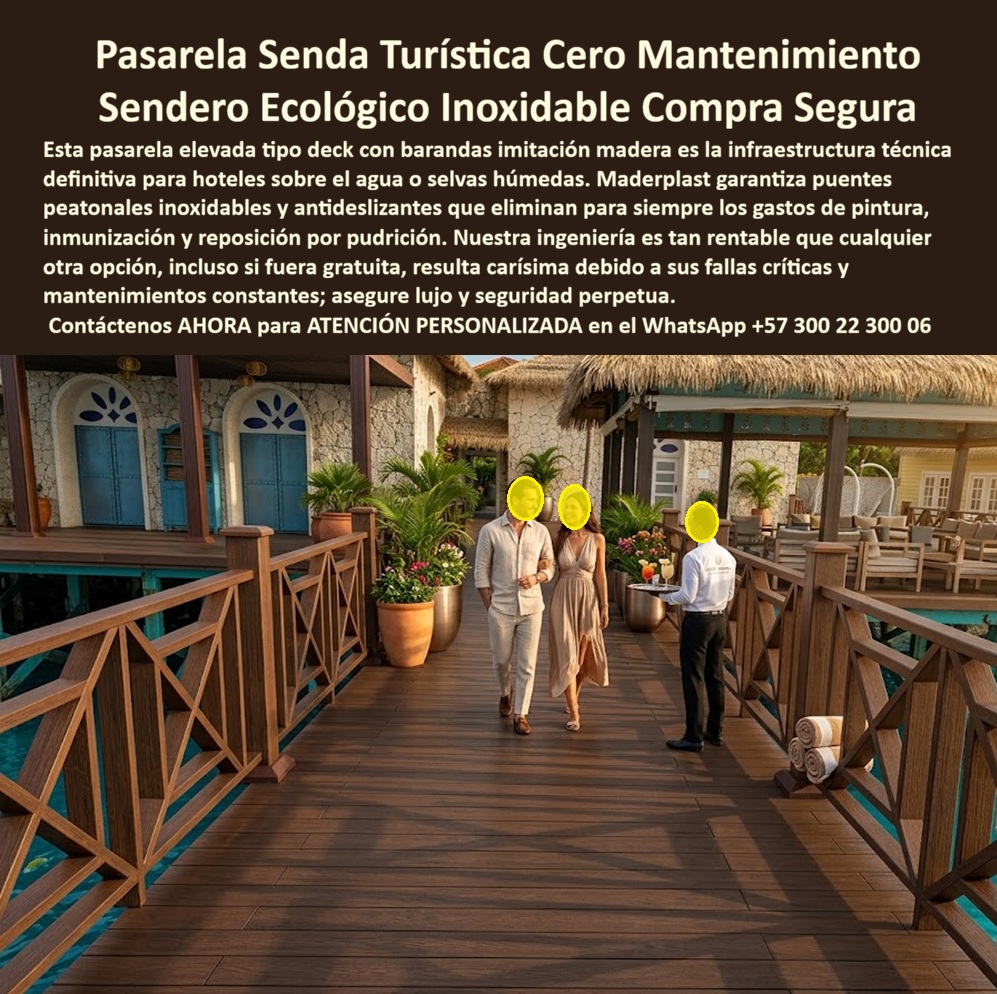 Sendero Corredor Peatonal Elevado Pasarela Elevada Turística Maderplast Senda Tarima Puente Peatonal Hotel Ecológica Resistente Clima Tematizada Senderos Ecológicos Elevados Turísticos Diseño Sostenible Tarima Elevadas Paisaje Hotelero Puente Pasarela Elevada Turística Maderplast – Sendero Corredor Peatonal Elevado Pasarela Elevada Turística para Hotel Ecológica Resistente Clima Tematizada, Senderos Ecológicos Elevados Turísticos Diseño Sostenible, Tarima Elevadas Paisaje Hotelero Puente ARTÍCULO (listo para copiar y pegar en Joomla): En la imagen se aprecia una pasarela elevada turística Maderplast tipo sendero corredor peatonal con tarima deck en tonos madera oscura de alta resistencia, barandas con patrón geométrico cruzado y bordes pulidos, instalada sobre entorno acuático o paisajístico en hotel tropical. Esta estructura de diseño sostenible presenta textura realista de madera natural pero construida en polímeros de ingeniería que la hacen inmune a corrosión por humedad y salinidad, con color integral que resiste rayos UV sin decoloración ni mantenimiento constante. El puente peatonal elevado se integra perfectamente al paisaje hotelero ecológico, ofreciendo durabilidad extrema y estética profesional. Quien ha trabajado en proyectos de hoteles sobre el agua o en selvas húmedas sabe perfectamente cuál es el verdadero dolor: las tarimas y pasarelas de madera tradicional se pudren, se astillan y exigen pintura, inmunización y reposiciones constantes. Lo que parecía una compra “barata” termina siendo carísima por fallas críticas, reclamos, interrupciones y pérdida de imagen. Al final, lo barato sale carísimo; una decisión guiada solo por el precio inicial genera gastos ocultos y problemas que nadie puede justificar ante la gerencia o los inversionistas. Una compra bien hecha recibe felicitaciones año tras año; una mal hecha no encuentra excusa que compense los costos adicionales. Maderplast resuelve este problema de forma definitiva. Fabricamos a medida la pasarela peatonal elevada hotel ecológico, la tarima deck turística resistente humedad y el sendero corredor peatonal mantenimiento cero con composites poliméricos avanzados que eliminan por completo oxidación, hongos, vandalismo y degradación UV. El puente peatonal hotelero polimérico y la pasarela elevada sostenible para resorts ofrecen superficie antideslizante, barandas decorativas seguras, bajo peso y huella de carbono baja, ideales para cumplir normativas ambientales y certificaciones LEED o EDGE. Es el mejor material para senderos elevados tropicales y la verdadera alternativa duradera a madera pudrición de hoteles. Así lo confirman en testimonio de caso real el Gerente de Infraestructura de un resort hotelero tropical en un proyecto 2024: “El deterioro rápido de las tarimas y puentes de madera tradicional por humedad y salinidad nos generaba costos constantes y afectaba la imagen del hotel. Implementamos el Sendero Corredor Peatonal Elevado Maderplast fabricado a medida según planos y adaptado al diseño tematizado. Hoy, después de meses de uso intensivo, la pasarela sigue impecable, sin mantenimiento correctivo, con estética original y reducción drástica del costo total de propiedad”. Por eso, cuando se busca cotizar pasarela turística alternativa, fabricar puente peatonal elevado a medida, comprar pasarela peatonal inoxidable Colombia o simplemente la solución técnica correcta, Maderplast responde con ficha técnica completa en PDF (medidas, planos de anclaje y especificaciones de carga), certificados de laboratorio y videos reales de pruebas en el canal de YouTube @maderplasSA. Los productos Maderplast son tan buenos que los demás, incluso regalados, resultan carísimos por sus fallas y mantenimientos constantes. Si su proyecto requiere una pasarela peatonal elevada que realmente entregue tranquilidad técnica y rentabilidad a largo plazo, contáctenos ahora. Nuestro equipo de ingenieros le entrega cotización, renders, prototipos y asesoría personalizada desde el primer minuto. WhatsApp directo para atención personalizada: +57 300 22 300 06