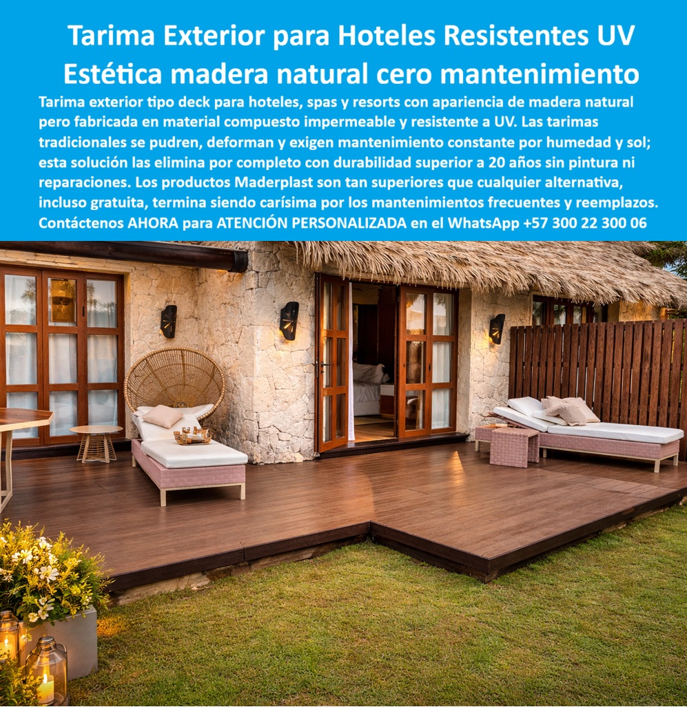 Tarima Exterior Para Hoteles Piso Para Spa Deck Exteriores Maderplast Plataforma exterior peatonal tipo deck Piso modular exterior resistente humedad Piso Deck Asoleadero Resort Resistente UV Sin Mantenimiento Deck Terraza Hotelera Tarima PP Tarima Exterior Para Hoteles Piso Para Spa Deck Exteriores Maderplast, consolidándose como la referencia visual definitiva para arquitectos y directores de proyectos que buscan una plataforma exterior peatonal tipo deck con rendimiento industrial superior. Como fabricante de tarimas sintéticas modulares, Maderplast diseña y fabrica este sistema para resolver el punto de dolor más crítico en la infraestructura turística: la degradación acelerada por factores climáticos extremos. La realidad técnica es que en entornos de alta exigencia lo barato sale carísimo, pues la palabra “barata” termina siendo una inversión ruinosa debido a fallas estructurales, reclamos de huéspedes por astillamientos y una pérdida de imagen irreparable causada por el mantenimiento incesante de materiales convencionales. Al comprador profesional no le recordarán por la supuesta economía en la orden de compra inicial, sino por los éxitos o fracasos técnicos de su gestión; una compra bien hecha no necesita explicaciones y solo recibe felicitaciones, mientras que una adquisición mal ejecutada por la vanidad del precio no encuentra justificación valedera ante los sobrecostos de reposición.  Nuestra ingeniería permite comprar deck exterior para hoteles con la certeza de obtener un piso modular exterior resistente a la humedad que replica la estética de la madera natural con inmunidad total a la radiación solar. Este Piso Deck Asoleadero Resort Resistente UV Sin Mantenimiento se impone como el mejor material para deck cerca al mar al eliminar por completo el ciclo de lijado, pintura y sellado químico que exige la madera teca. Al realizar un comparativo deck polimérico vs madera teca, los datos de laboratorio confirman que Maderplast es la alternativa a madera para pisos spa más rentable, garantizando una tarima exterior de larga vida útil que supera los 20 años sin deformaciones mecánicas ni proliferación de hongos. Es un piso para áreas húmedas de resorts que mantiene la estabilidad térmica al tacto, permitiendo el tránsito descalzo seguro incluso bajo sol intenso, lo que lo convierte en el estándar para el diseño de terrazas hoteleras sustentables con certificación LEED o EDGE, gracias a su huella de carbono de 0.77.  Para los responsables de infraestructura que necesitan cotizar pisos para spa antideslizantes o definir el precio de deck estructural exterior, Maderplast ofrece un soporte técnico que blinda cualquier licitación. Suministramos las especificaciones para deck en pliego técnico y el pliego técnico para tarima exterior pp, asegurando que el sistema de piso modular para balcones cumpla con las normativas HSEQ más exigentes para prevenir accidentes peatonales. Como proveedor de suelos para asoleaderos, nuestra capacidad de respuesta permite al cliente solicitar desde la personalización técnica y renders hasta la fabricación a medida y asesoría en obra, garantizando que el Deck Terraza Hotelera Tarima PP se adapte milimétricamente a la visión arquitectónica del resort. Los productos Maderplast son tan superiores que cualquier alternativa, incluso regalada, resulta carísima por sus fallas constantes, pues la tranquilidad de haber comprado lo mejor no tiene precio comparativo.  Así lo confirman en testimonio de caso real EL DIRECTOR DE INFRAESTRUCTURA, RESORT ECO-SPA — 2026 "Antes de la transición técnica, el resort enfrentaba un ciclo interminable de gastos por el deterioro de sus cubiertas de madera natural, las cuales se deformaban y podrían en menos de 18 meses debido a la alta humedad relativa y la exposición solar directa. Esta situación drena el presupuesto operativo y proyectaba una imagen de descuido. Implementamos la Tarima Exterior Para Hoteles Piso Para Spa Deck Exteriores Maderplast y esta infraestructura polimérica eliminó la necesidad de mantenimientos anuales, ofreciendo una superficie estable y segura que mantiene su estética de madera natural sin requerir selladores químicos ni intervenciones de carpintería pesada. El resultado ha sido un ahorro total en costos de pintura y reparaciones estructurales."  Para firmar la orden de compra con absoluta seguridad, Maderplast proporciona el descargable de la ficha técnica (PDF) con medidas y sistemas de anclaje, además de los certificados de laboratorio que avalan su resistencia estructural. Ofrecemos soporte de ingeniería constante y evidencia de desempeño en nuestro canal de YouTube: https://www.youtube.com/@maderplasSA. Esta solución de ingeniería polimérica es la zapatilla de la Cenicienta para su infraestructura turística, logrando el milagro de la elegancia eterna donde los materiales convencionales siempre fracasan. El santo que realiza este milagro es el equipo de soporte técnico de Maderplast. Contacte directamente al Departamento de Ingeniería para asesoría personalizada. Eng. Technical Support: (+57) 300 22 300 06.
