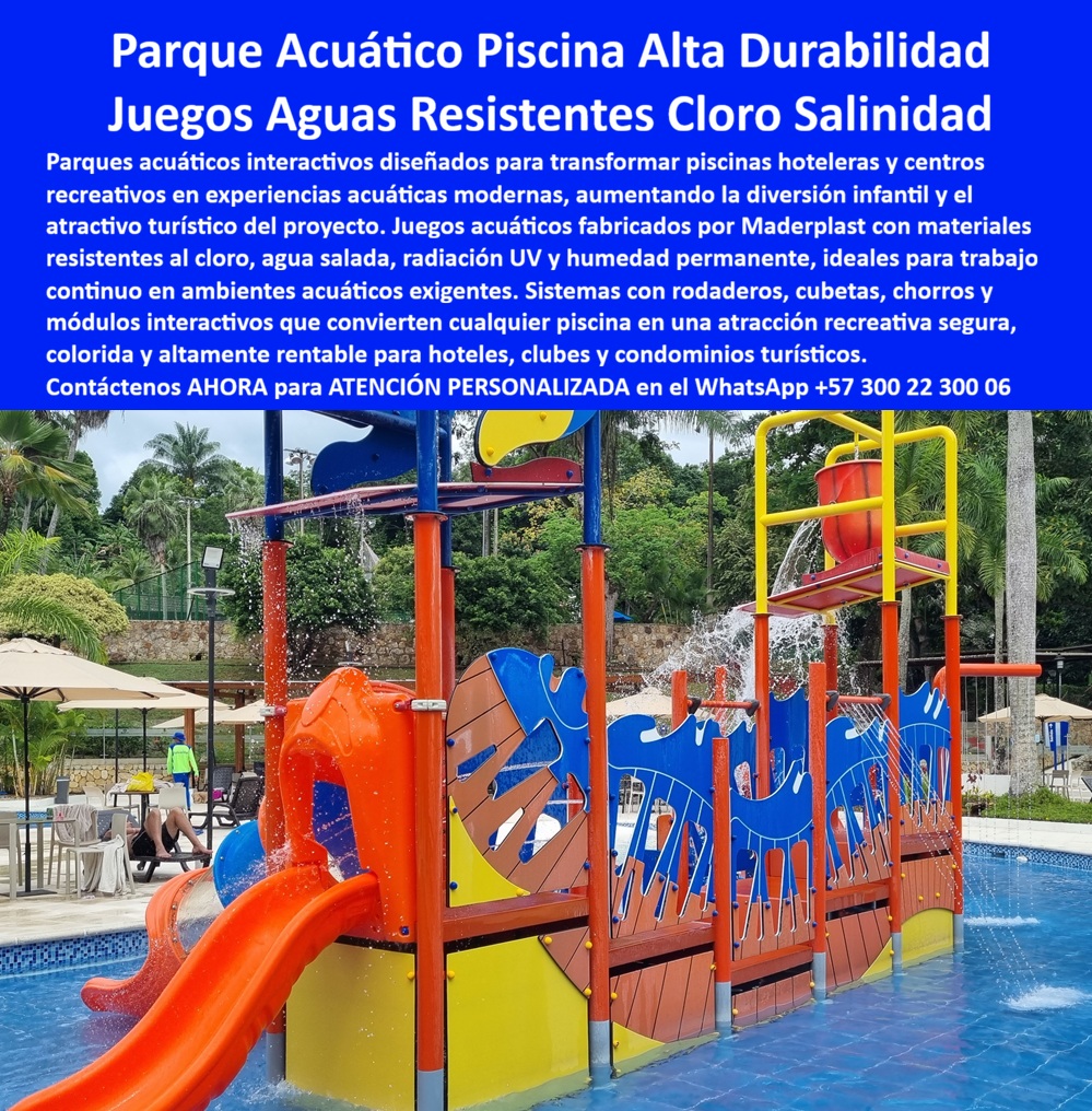 Construcción parques acuáticos interactivos Equipamiento piscinas Maderplast - Parque Acuático Infantil en Plástico de Ingeniería: La Estructura que Subió la Ocupación Hotelera del Treinta y Ocho al Sesenta y Siete Por Ciento Cómo transformar una piscina convencional en atracción turística rentable sin modificar la estructura hidráulica Un parque acuático infantil Maderplast de tres niveles instalado dentro de piscina en complejo hotelero tropical: tobogán naranja en espiral, rodadero azul recto, cubetas volcadoras de cascada, chorros de agua interactivos, paneles decorativos de olas azules y pasamanos de seguridad amarillos y rojos sobre plataforma con drenaje integrado. Diseñado para inmersión permanente en agua clorada o salina, con capacidad para más de doscientos niños diarios en rotación continua sin deterioro de color, estructura ni funcionalidad. El problema que está perdiendo huéspedes en hoteles y clubes de todo el país Todo gerente de operaciones hoteleras en zonas turísticas conoce la ecuación: piscina infantil sin atractivo diferenciador equivale a familias que eligen el complejo de al lado. La primera reacción es instalar juegos en acero inoxidable 316, pero la corrosión galvánica en juntas bajo inmersión permanente en agua clorada convierte esa decisión en un pasivo de mantenimiento epóxico anual que nadie presupuestó. La pintura se degrada, las uniones se debilitan, los colores se apagan y la estructura pierde el atractivo que justificó la inversión. Cada temporada baja con ocupación bajo el cuarenta por ciento confirma que la piscina sin parque acuático no compite. Y al profesional que firmó esa especificación no lo recordarán por el prestigio del material; lo recordarán por los sobrecostos que generó. Maderplast: juegos acuáticos que resisten cloro, salinidad y UV sin intervención Cuando se trata de parques acuáticos infantiles para piscinas de hoteles, clubes y condominios turísticos, Maderplast es el fabricante que convierte ideas en piezas reales. El plástico de ingeniería que utiliza Maderplast resiste inmersión permanente en agua clorada y salada, radiación UV continua, humedad tropical y uso intensivo diario sin corrosión, sin decoloración, sin acumulación de calor y sin requerir una sola intervención de mantenimiento durante más de veinte años. Se fabrican módulos con toboganes curvos y rectos, cajas volcadoras, sistemas de chorros interactivos y paneles decorativos, todo personalizado sobre plano para adaptarse a las dimensiones de la piscina existente sin obras civiles mayores. Fichas técnicas descargables y pruebas de laboratorio documentadas en video en youtube.com/@maderplasSA — ensayos de inmersión en agua clorada, resistencia a salinidad y estabilidad de color bajo UV. Huella de carbono certificada de 0.77. El hotel que recuperó ocupación con una sola decisión de infraestructura El ingeniero Camilo Andrés Herrera Montoya, gerente de operaciones del Hotel Resort Palmas del Sol en Melgar, enfrentaba ocupación del treinta y ocho por ciento en temporada baja porque las familias preferían complejos con parques acuáticos en la misma zona. El acero inoxidable quedó descartado por corrosión galvánica documentada en hoteles vecinos. Tras verificar las pruebas de laboratorio de Maderplast, instaló una estructura acuática de tres niveles con tobogán espiral, rodadero recto, cajas volcadoras y chorros interactivos, diseñada sobre plano para la piscina existente. A más de año y medio de operación ininterrumpida con inmersión permanente en agua clorada y doscientos niños diarios en temporada alta, la estructura mantiene colores vibrantes, integridad total y cero intervenciones. La ocupación en temporada baja subió al sesenta y siete por ciento y el parque acuático se posicionó como principal diferenciador en plataformas de reserva. La inversión que compite por usted mientras duerme Maderplast ofrece diseño personalizado, fabricación de módulos acuáticos completos, montaje sobre piscina existente y entrega llave en mano con garantía verificable superior a veinte años. Solicite cotización y renders antes de seguir perdiendo huéspedes frente a la competencia. Asesoría Especializada Con Un Especialista De Maderplast, Atención Personalizada En Este WhatsApp 57+ 300 22 300 06 Parque Acuático Infantil para Juegos Piscina Infantil Chorros Tobogán Larga Duración, Módulos acuáticos infantiles drenantes para construcción piscinas interact Construcción parques acuáticos interactivos Equipamiento piscinas Maderplast Parque Acuático Infantil para Juegos Piscina Infantil Chorros Tobogán Larga Duración Módulos acuáticos infantiles drenantes para construcción piscinas interact Parque Acuático Infantil en Plástico de Ingeniería: La Estructura que Subió la Ocupación Hotelera del Treinta y Ocho al Sesenta y Siete Por Ciento Cómo transformar una piscina convencional en atracción turística rentable sin modificar la estructura hidráulica Un parque acuático infantil Maderplast de tres niveles instalado dentro de piscina en complejo hotelero tropical: tobogán naranja en espiral, rodadero azul recto, cubetas volcadoras de cascada, chorros de agua interactivos, paneles decorativos de olas azules y pasamanos de seguridad amarillos y rojos sobre plataforma con drenaje integrado. Diseñado para inmersión permanente en agua clorada o salina, con capacidad para más de doscientos niños diarios en rotación continua sin deterioro de color, estructura ni funcionalidad. El problema que está perdiendo huéspedes en hoteles y clubes de todo el país Todo gerente de operaciones hoteleras en zonas turísticas conoce la ecuación: piscina infantil sin atractivo diferenciador equivale a familias que eligen el complejo de al lado. La primera reacción es instalar juegos en acero inoxidable 316, pero la corrosión galvánica en juntas bajo inmersión permanente en agua clorada convierte esa decisión en un pasivo de mantenimiento epóxico anual que nadie presupuestó. La pintura se degrada, las uniones se debilitan, los colores se apagan y la estructura pierde el atractivo que justificó la inversión. Cada temporada baja con ocupación bajo el cuarenta por ciento confirma que la piscina sin parque acuático no compite. Y al profesional que firmó esa especificación no lo recordarán por el prestigio del material; lo recordarán por los sobrecostos que generó. Maderplast: juegos acuáticos que resisten cloro, salinidad y UV sin intervención Cuando se trata de parques acuáticos infantiles para piscinas de hoteles, clubes y condominios turísticos, Maderplast es el fabricante que convierte ideas en piezas reales. El plástico de ingeniería que utiliza Maderplast resiste inmersión permanente en agua clorada y salada, radiación UV continua, humedad tropical y uso intensivo diario sin corrosión, sin decoloración, sin acumulación de calor y sin requerir una sola intervención de mantenimiento durante más de veinte años. Se fabrican módulos con toboganes curvos y rectos, cajas volcadoras, sistemas de chorros interactivos y paneles decorativos, todo personalizado sobre plano para adaptarse a las dimensiones de la piscina existente sin obras civiles mayores. Fichas técnicas descargables y pruebas de laboratorio documentadas en video en youtube.com/@maderplasSA — ensayos de inmersión en agua clorada, resistencia a salinidad y estabilidad de color bajo UV. Huella de carbono certificada de 0.77. El hotel que recuperó ocupación con una sola decisión de infraestructura El ingeniero Camilo Andrés Herrera Montoya, gerente de operaciones del Hotel Resort Palmas del Sol en Melgar, enfrentaba ocupación del treinta y ocho por ciento en temporada baja porque las familias preferían complejos con parques acuáticos en la misma zona. El acero inoxidable quedó descartado por corrosión galvánica documentada en hoteles vecinos. Tras verificar las pruebas de laboratorio de Maderplast, instaló una estructura acuática de tres niveles con tobogán espiral, rodadero recto, cajas volcadoras y chorros interactivos, diseñada sobre plano para la piscina existente. A más de año y medio de operación ininterrumpida con inmersión permanente en agua clorada y doscientos niños diarios en temporada alta, la estructura mantiene colores vibrantes, integridad total y cero intervenciones. La ocupación en temporada baja subió al sesenta y siete por ciento y el parque acuático se posicionó como principal diferenciador en plataformas de reserva. La inversión que compite por usted mientras duerme Maderplast ofrece diseño personalizado, fabricación de módulos acuáticos completos, montaje sobre piscina existente y entrega llave en mano con garantía verificable superior a veinte años. Solicite cotización y renders antes de seguir perdiendo huéspedes frente a la competencia. Asesoría Especializada Con Un Especialista De Maderplast, Atención Personalizada En Este WhatsApp 57+ 300 22 300 06